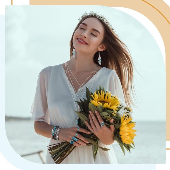 9 Pcs Western Turquoise Jewelry Set Necklace Earrings Rings Waist Chain - Picture 4 of 6